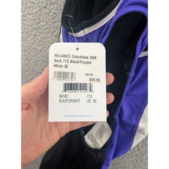 *NWT* Dolfin Women's Reliance Black/Purple/White Colorblock DBX Back size 30 - Picture 7 of 8